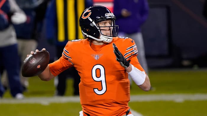 Chicago Bears quarterback Nick Foles (9) drops back to pass against the Minnesota Vikings during the second quarter at Soldier Field.